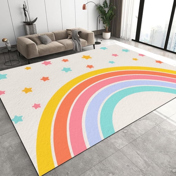 Cartoon Cute Rainbow Stars Art Area Rugs, Modern Mid-Century Boho Nordic Non Slip Indoor Rug, Durable Washable Carpet for Floor Decor in Offices 5' x 6'