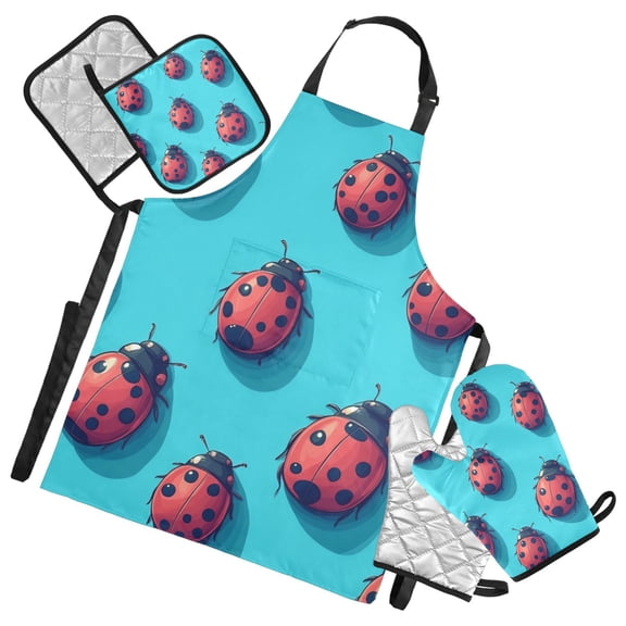 Cartoon Cute Red Ladybugs Oven Mitts and Pot Holders with Chef Apron Set 5 Pcs Kitchen Cooking Set