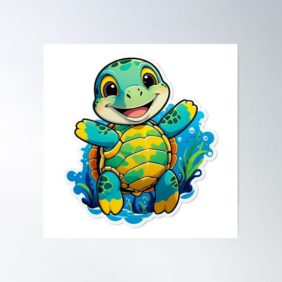 Cartoon Cute Sea Turtle With Happy Smile Under The Sea Poster Wall Art, Modern Wall Decor For Living Room Bedroom, 17x17 UNFRAMED