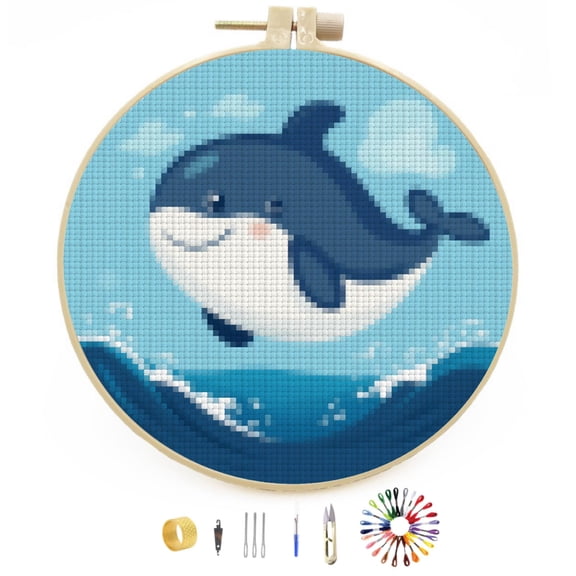Cartoon Cute Sea Whale Easy Stamped Cross Stitch Kits for Beginners with Hoop Simple Patterns 11CT Counted Embroidery Needlepoint Crafts Arts for DIY Enthusiasts and Home Decor 26x26cm(1)