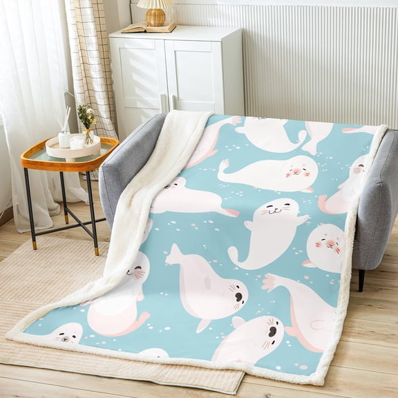 Cartoon Cute Seal Bed Blanket, Blue and White Sea Creatures Print Fleece Blanket for Women Teens Room, Soft Lightweight Polyester Sherpa Blanket for Sofa Couch, Size(50x60 inch)