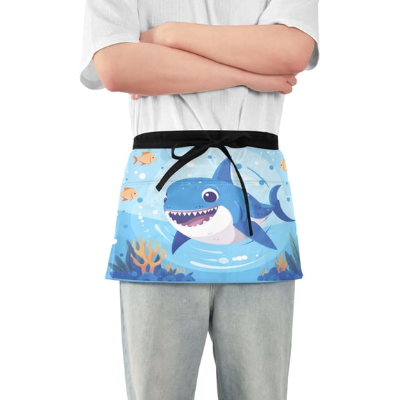 Cartoon Cute Shark with Fish Server Apron with 3 Pockets Waterproof Waitress Waist Short Apron for Man Woman 12 Inches