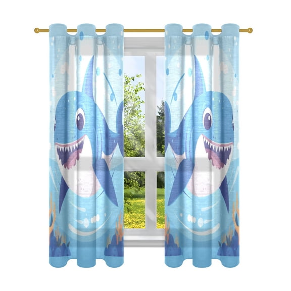 Cartoon Cute Shark with Fish Sheer Curtains Grommet Drapes Light Filtering for Bedroom Living Room 2 Panels 52" x 63"