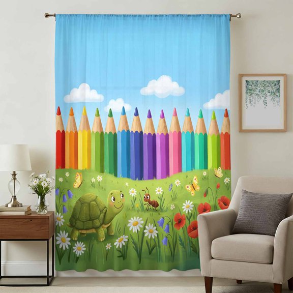 Cartoon Cute Sheer Curtains 54" Long, Country Colorful Botanical Sky Blue Green Light Filering Curtains, Breathable Simi Curtain Privacy Drapes for Kitchen Bathroom Nursery Small Window Treatment