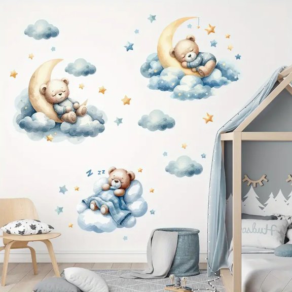Cartoon Cute Teddy Bear Sleeping on Clouds Moon Stars Animal Wall Stickers Cartoon cute teddy bear sleeping on clouds, moon, stars, animal wall stickers