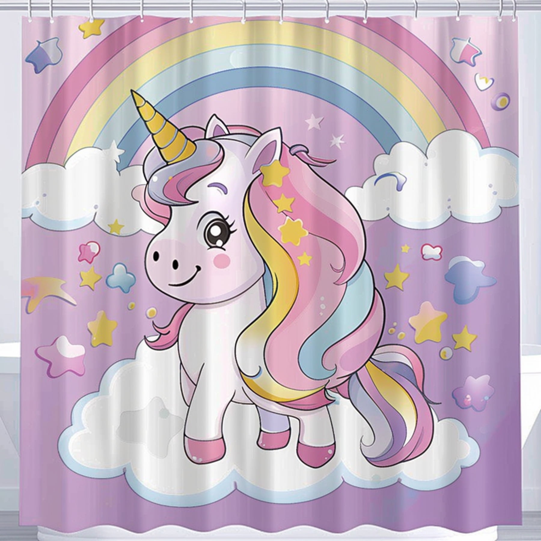 Cartoon Cute Unicorn Shower Curtain with Pastel Rainbow and Clouds