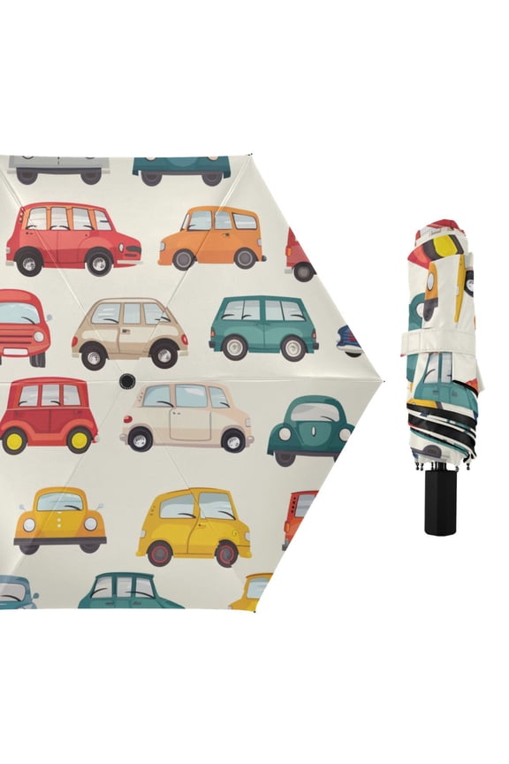 Cartoon Cute Vehicles All Weather Umbrella Triple Folding Parasol 6 Ribs UV Protection Portable