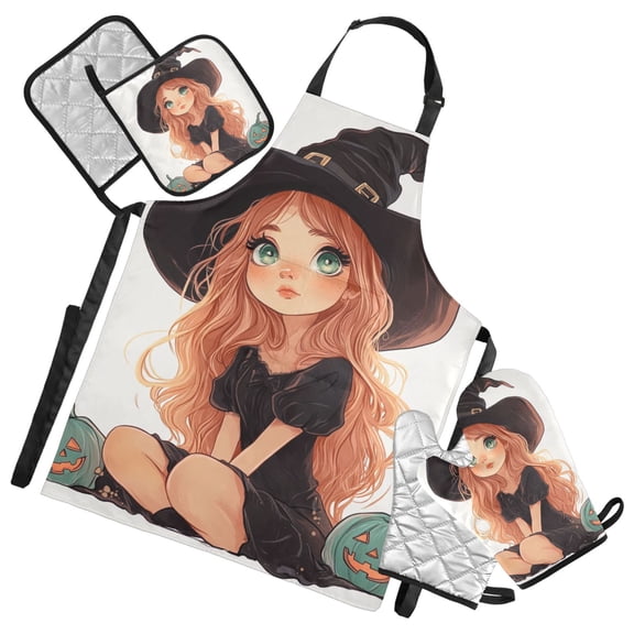 Cartoon Cute Witch Oven Mitts and Pot Holders with Chef Apron Set 5 Pcs Kitchen Cooking Set