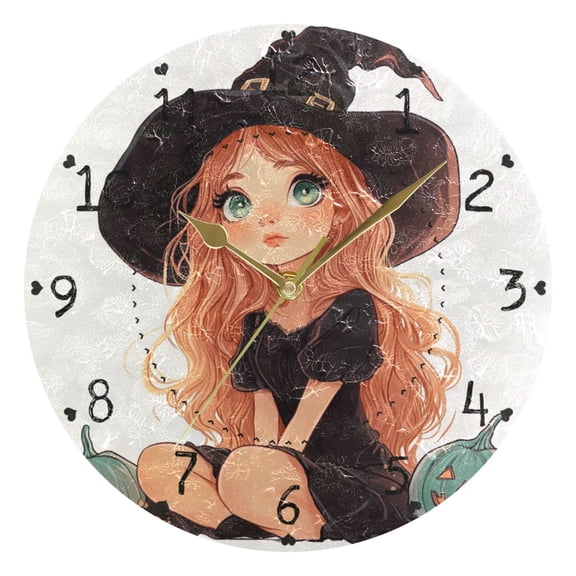 Cartoon Cute Witch Round Wall Clock Silent Battery Operated Home Decor for Living Room Bedroom