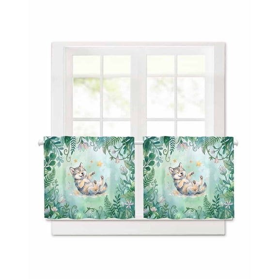 Cartoon Cute Wolf Stars Short Blackout Curtains 30 Inch Long,Forest Green Leaf Flower Plant Rod Pocket Kitchen Curtains,2 Panels Thermal Insulated Room Darkening Drapes for Bedroom,30"W x 30"L
