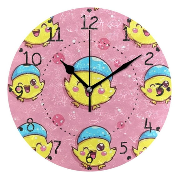 Cartoon Cute Yellow Chick Round Wall Clock Silent Battery Operated Home Decor for Living Room Bedroom
