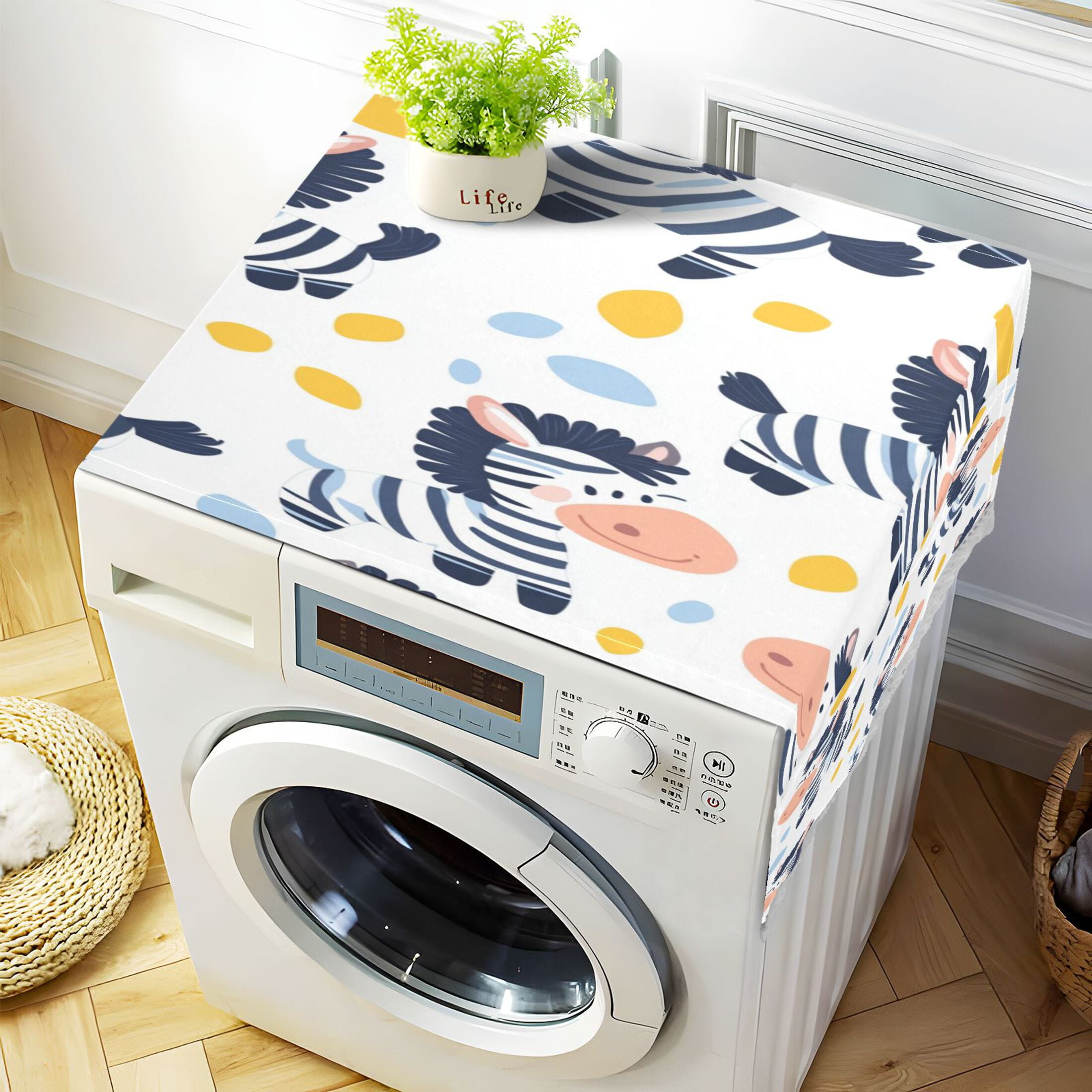 Cartoon Cute ZebraWasher and Dryer Covers Dust-Proof and Oil Resistant Fridge Cover with 4 Storage Pockets Washing Machine Top Cover for Laundry Kitchen Home 51.2 x 22 In