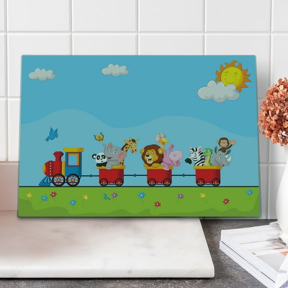 Cartoon Cutting Board, Cartoon Animal on Train with Birthday Background Sun and Cloud Lion Zebra, Decorative Tempered Glass Cutting and Serving Board, Large Size, Multicolor, by Ambesonne
