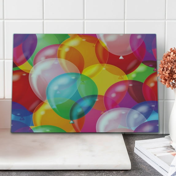 Cartoon Cutting Board, Balloons Pattern Colorful Illustration Birthday Celebrating Theme Fun, Decorative Tempered Glass Cutting and Serving Board, Large Size, Multicolor, by Ambesonne