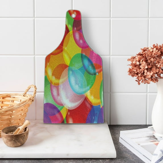 Cartoon Cutting Board, Balloons Pattern Colorful Illustration Birthday Celebrating Theme Fun, Decorative Tempered Glass Cutting and Serving Board, Wine Bottle Shape, Multicolor, by Ambesonne