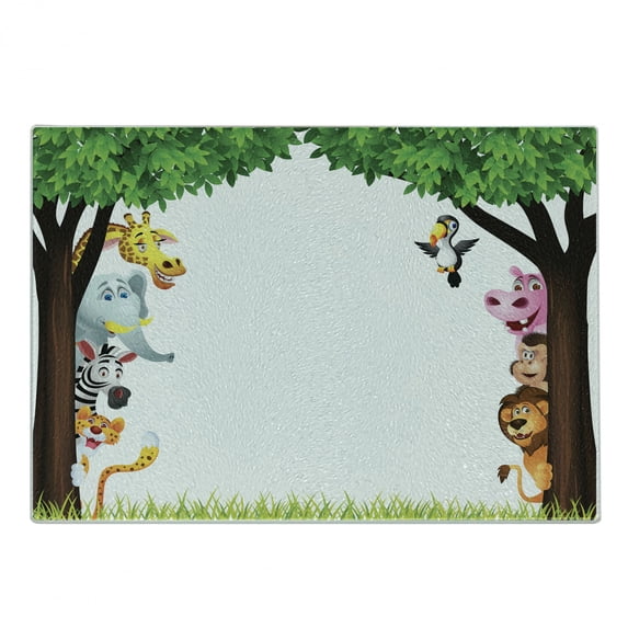 Cartoon Cutting Board, Big Trees and Friendly Jungle Safari Animals Wilderness Tropical Wildlife, Decorative Tempered Glass Cutting and Serving Board, Small Size, Multicolor, by Ambesonne