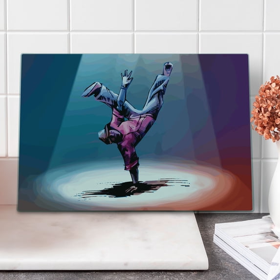 Cartoon Cutting Board, Break Dancer Sketch with Colorful Background Teen Urban Culture Illustration, Decorative Tempered Glass Cutting and Serving Board, Large Size, Multicolor, by Ambesonne