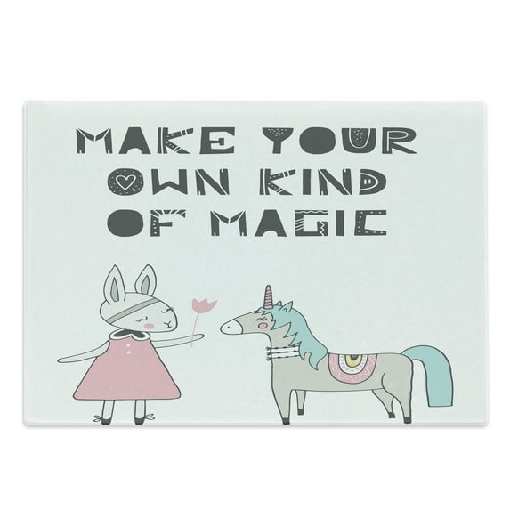 Cartoon Cutting Board, Bunny in a Dress Unicorn Scandinavian Style and Magic Words, Decorative Tempered Glass Cutting and Serving Board, Large Size, Multicolor, by Ambesonne