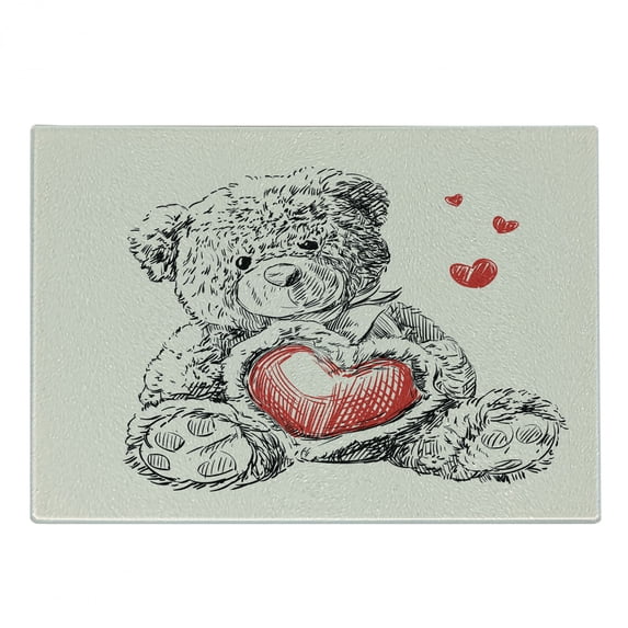 Cartoon Cutting Board, Detailed Teddy Bear Drawing with Heart Instead of a Belly Mini Floating Hearts, Decorative Tempered Glass Cutting and Serving Board, Small Size, Red Black White, by Ambesonne