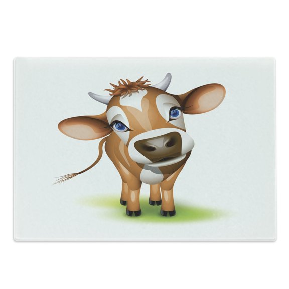 Cartoon Cutting Board, Digitally Composed Cow with Captivating Eyes Livestock Theme, Decorative Tempered Glass Cutting and Serving Board, Large Size, Cinnamon Blue, by Ambesonne