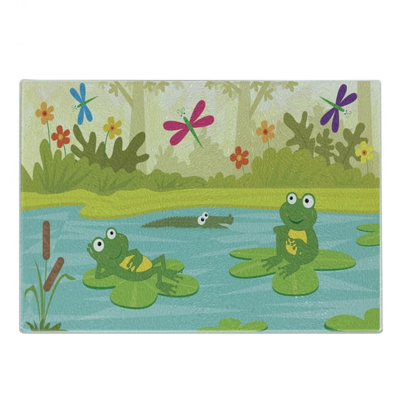 Cartoon Cutting Board, Digitally Generated Interpretation of Frogs and a Crocodile in a Pond, Decorative Tempered Glass Cutting and Serving Board, in 3 Sizes, by Ambesonne