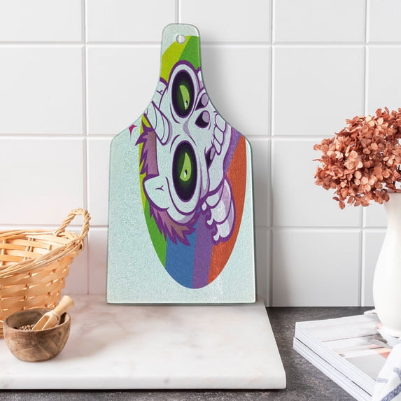 Cartoon Cutting Board, Doodle Style Unicorn Skull with Green Eyes with Rainbow Background Funny, Decorative Tempered Glass Cutting and Serving Board, Wine Bottle Shape, Multicolor, by Ambesonne