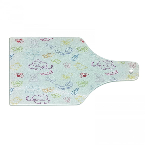 Cartoon Cutting Board, Drawing Style Elephants Teddy Bears Flowers Butterflies Bees Pattern, Decorative Tempered Glass Cutting and Serving Board, Wine Bottle Shape, Multicolor, by Ambesonne