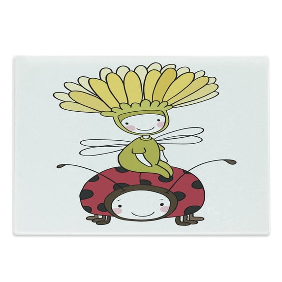 Cartoon Cutting Board, Flower and Ladybug Hand Drawing Doodle Funny Fantasy Characters Art, Decorative Tempered Glass Cutting and Serving Board, Large Size, Multicolor, by Ambesonne
