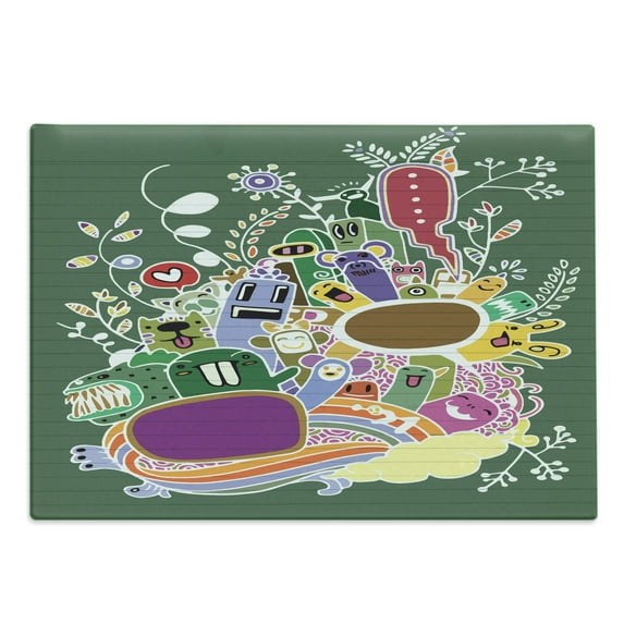 Cartoon Cutting Board, Hand Drawn Doodle Monsters with Rainbow Flowers and Animals Pattern, Decorative Tempered Glass Cutting and Serving Board, Large Size, Multicolor, by Ambesonne