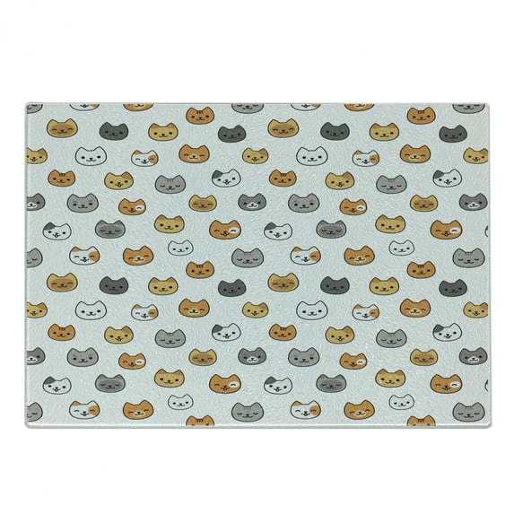 Cartoon Cutting Board, Happy Funny Kittens in Various Colors Smiling Animals Eyes, Decorative Tempered Glass Cutting and Serving Board, Small Size, Pale Orange Pale Brown, by Ambesonne