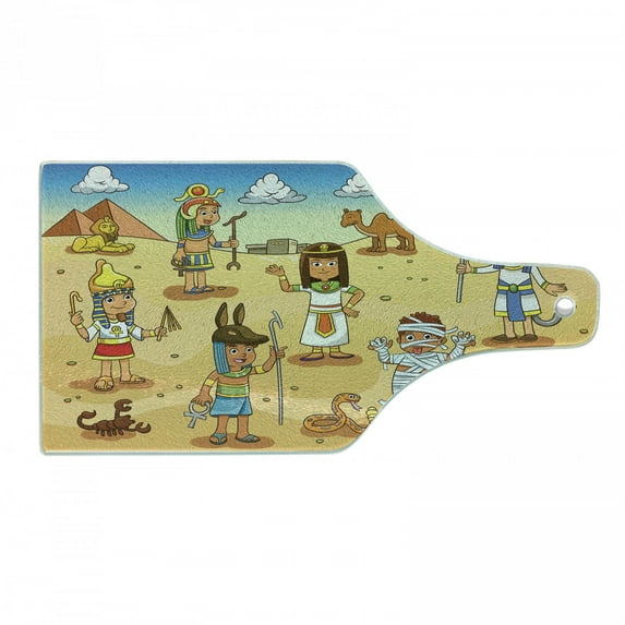 Cartoon Cutting Board, Historical Egypt Characters with Pyramids Cleopatra King Mummy Design Image, Decorative Tempered Glass Cutting and Serving Board, Wine Bottle Shape, Multicolor, by Ambesonne