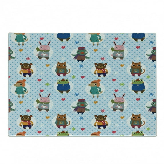 Cartoon Cutting Board, Illustration of Animals with Winter Clothing Hats Hot Coffee on a Dotted Background, Decorative Tempered Glass Cutting and Serving Board, Small Size, Multicolor, by Ambesonne