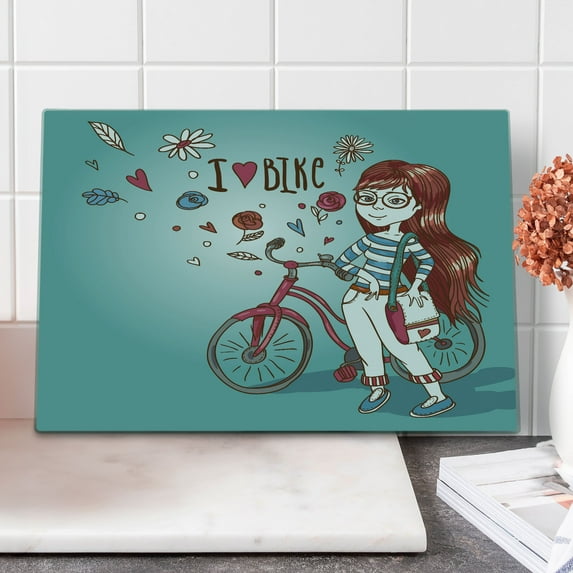 Cartoon Cutting Board, Love My Bike Theme Girl with Bicycle Vintage Flowers Illustration, Decorative Tempered Glass Cutting and Serving Board, Large Size, Dried Rose and Pale Blue, by Ambesonne