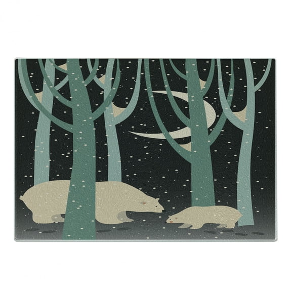Cartoon Cutting Board, Mother Polar Bear and Cub in Forest Winter Season Snowy Weather, Decorative Tempered Glass Cutting and Serving Board, Small Size, Dark Taupe Pale Green, by Ambesonne