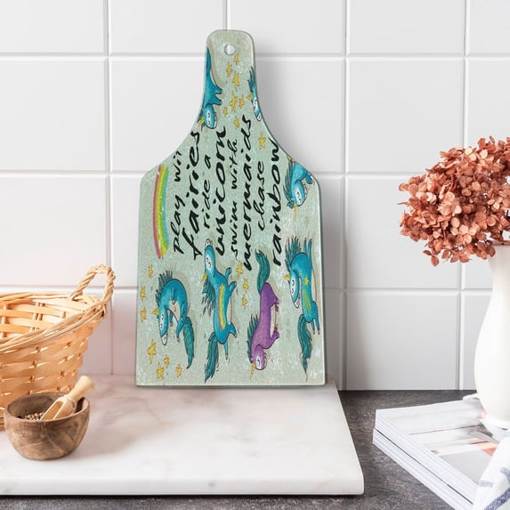 Cartoon Cutting Board, Mythical Unicorns Stars and Rainbow Creature Theme Print, Decorative Tempered Glass Cutting and Serving Board, Wine Bottle Shape, Beige Teal Blue, by Ambesonne