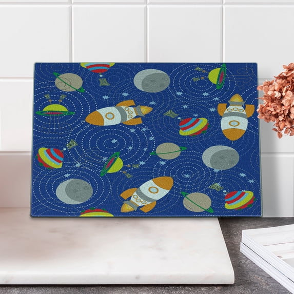 Cartoon Cutting Board, Outer Space Themed Moon Spaceship and UFO Pattern on Bullseye Circles Backdrop, Decorative Tempered Glass Cutting and Serving Board, Small Size, Multicolor, by Ambesonne