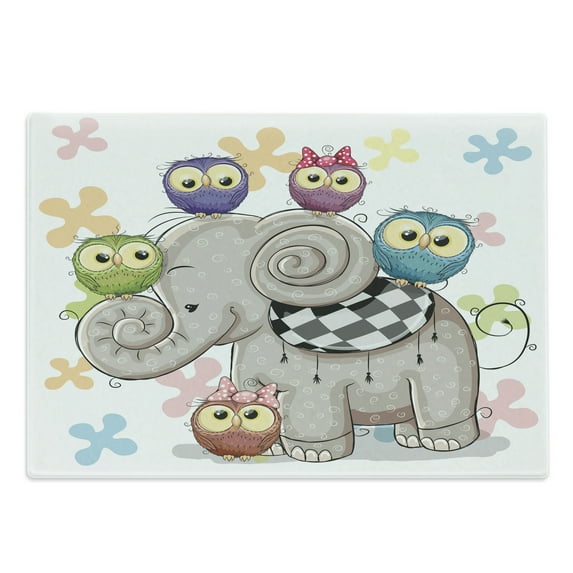 Cartoon Cutting Board, Cartoon and Owls Floral Background Animal Love Big Eyes Boys and Girls, Decorative Tempered Glass Cutting and Serving Board, Large Size, Multicolor, by Ambesonne