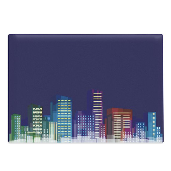 Cartoon Cutting Board, Print of City Scenery Landscape of Apartments and Buildings Art Print, Decorative Tempered Glass Cutting and Serving Board, Large Size, Multicolor, by Ambesonne