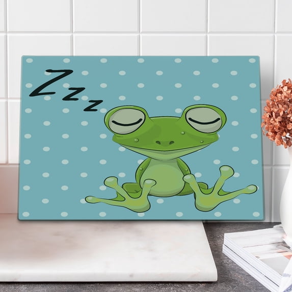 Cartoon Cutting Board, Sleeping Prince Frog in a Cap Polka Dots Background Animal World Design, Decorative Tempered Glass Cutting and Serving Board, Large Size, Green Blue, by Ambesonne