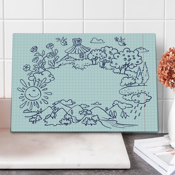 Cartoon Cutting Board, Summer Frame with Flowers Mountains Trees and Smiling Sun, Decorative Tempered Glass Cutting and Serving Board, Large Size, Pale Blue Dark Blue, by Ambesonne
