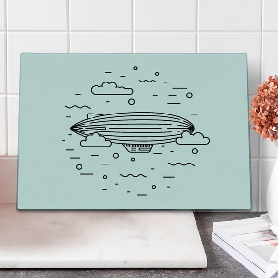 Cartoon Cutting Board, Themed Heat Balloon with Clouds and Circles Hand Print Sketch Style, Decorative Tempered Glass Cutting and Serving Board, Large Size, Black and White, by Ambesonne