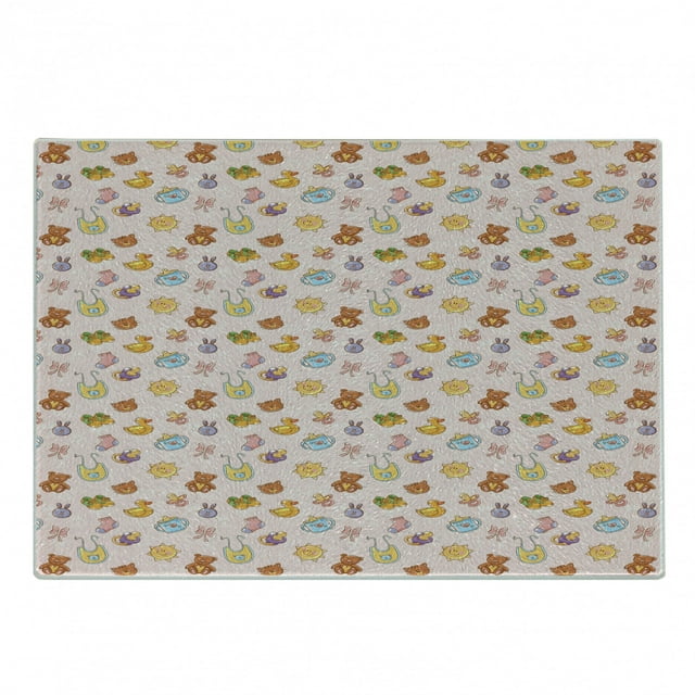 Cartoon Cutting Board, Toys Teddy Bears and Ducks with Shoes and Socks on a Pastel Background, Decorative Tempered Glass Cutting and Serving Board, Small Size, Multicolor, by Ambesonne