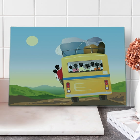 Cartoon Cutting Board, Yellow Bus Full of Passengers and Luggage Driving in Meadows Warm Spring Day, Decorative Tempered Glass Cutting and Serving Board, Large Size, Multicolor, by Ambesonne