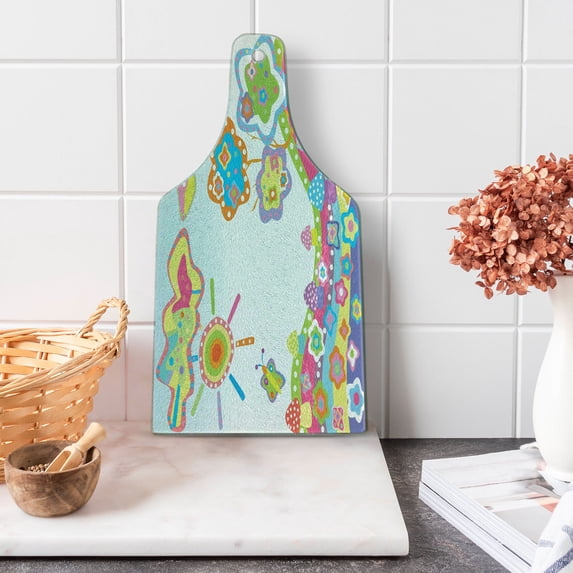 Cartoon Cutting Board, like Drawing of a Hill with Colorful Sun a Tree and Clouds Simple Abstract Art, Decorative Tempered Glass Cutting and Serving Board, Wine Bottle Shape, Multicolor, by Ambesonne