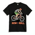 thumbnail image 1 of Cartoon Cyclist How I Roll T-Shirt Fun Black Tee with Colorful Bike Design, 1 of 5
