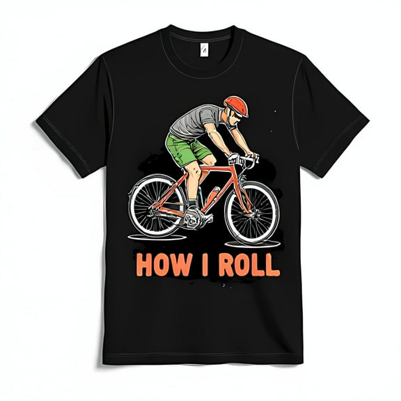 Cartoon Cyclist How I Roll T-Shirt Fun Black Tee with Colorful Bike Design