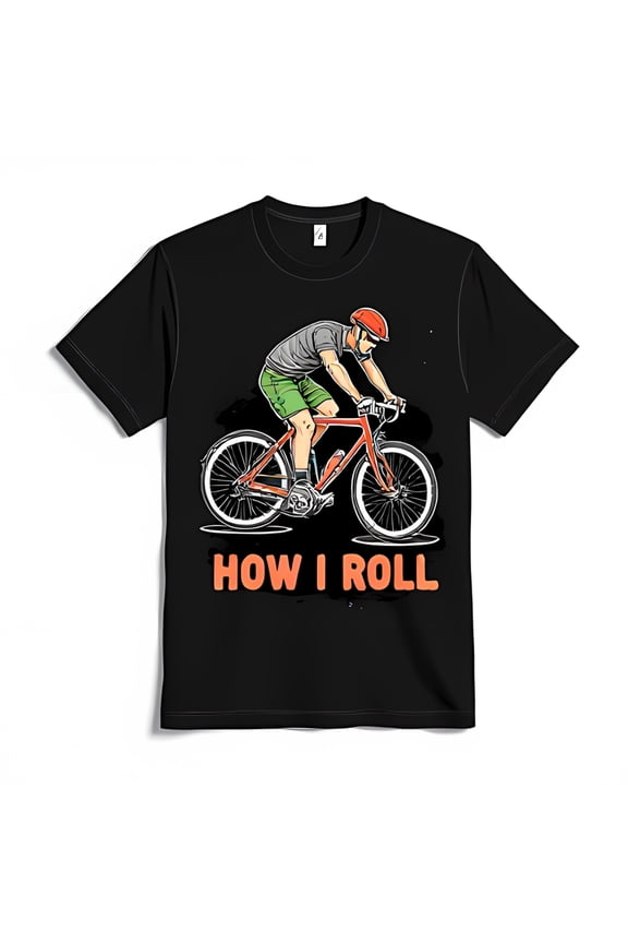 Cartoon Cyclist How I Roll T-Shirt Fun Black Tee with Colorful Bike Design