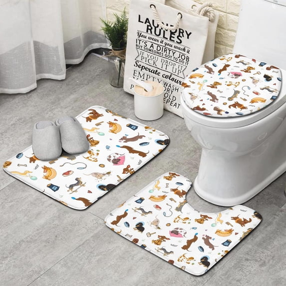 Cartoon Dachshund Bathroom Rugs Sets 3 Piece,Toilet Cover Set,Absorbent Non Slip Bathroom Mats Sets with U-Shaped Contour Rug Toilet Rug Set