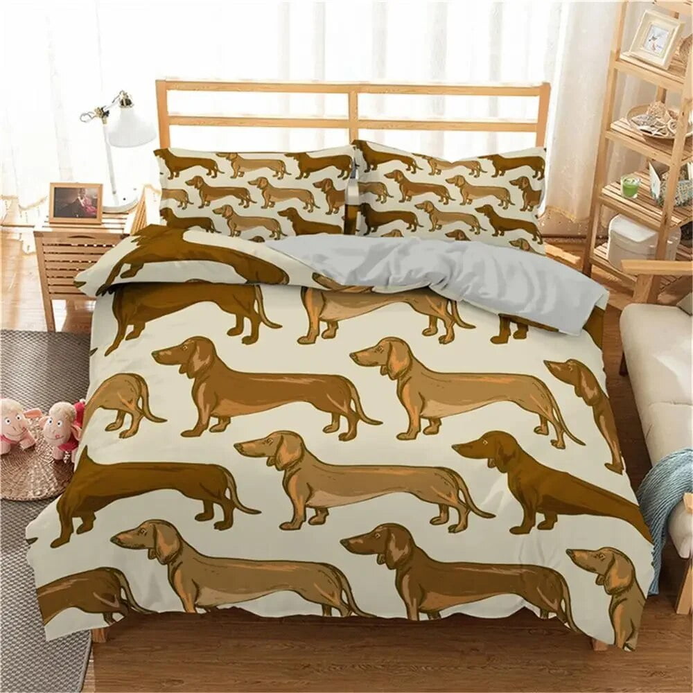 Cartoon Dachshund Bedding Set Cute Sausage Dog Duvet Cover Set Pet