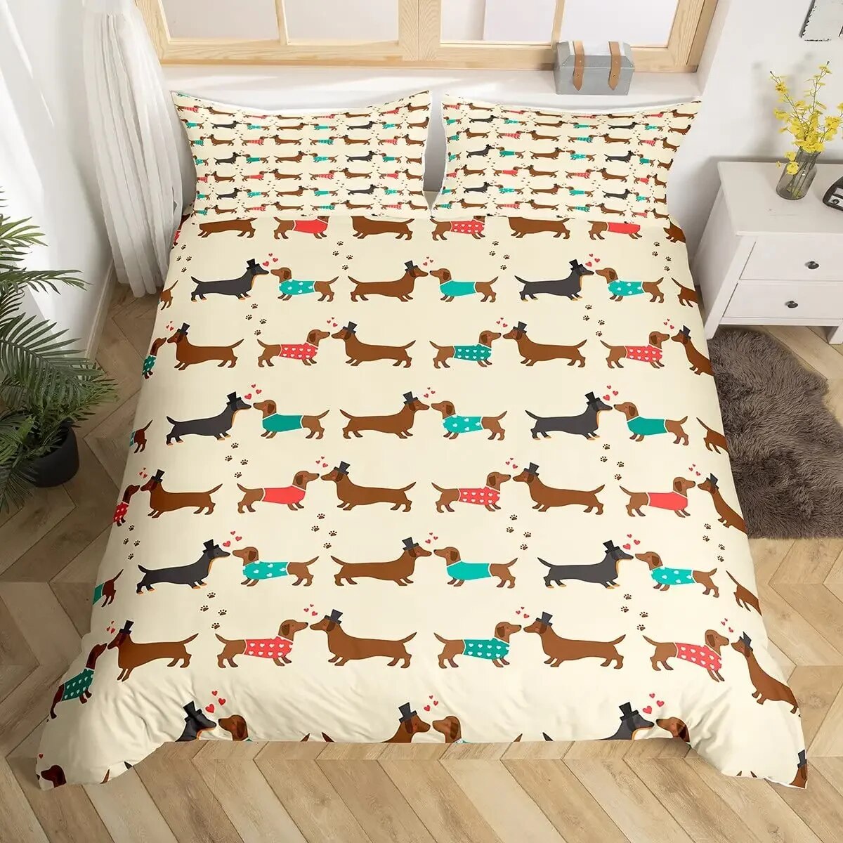 Cartoon Dachshund Bedding Set Cute Sausage Dog Duvet Cover Set Pet